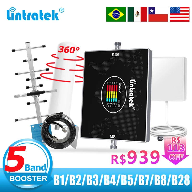 

Lintratek 5 Band Cellular Amplifier B28 700 900 1800 2100 2600 MHZ B2 B4 B7 LTE GSM 2G 3G 4G Signal Booster Mobile Repeater 70dB