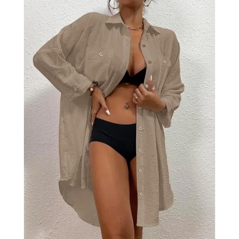 템퍼먼트 솔리드 컬러 비치 커버업 여성용 심플 긴팔 싱글 브레스티드 수영복 커버업 2025 신상 캐주얼 셔츠 드레스