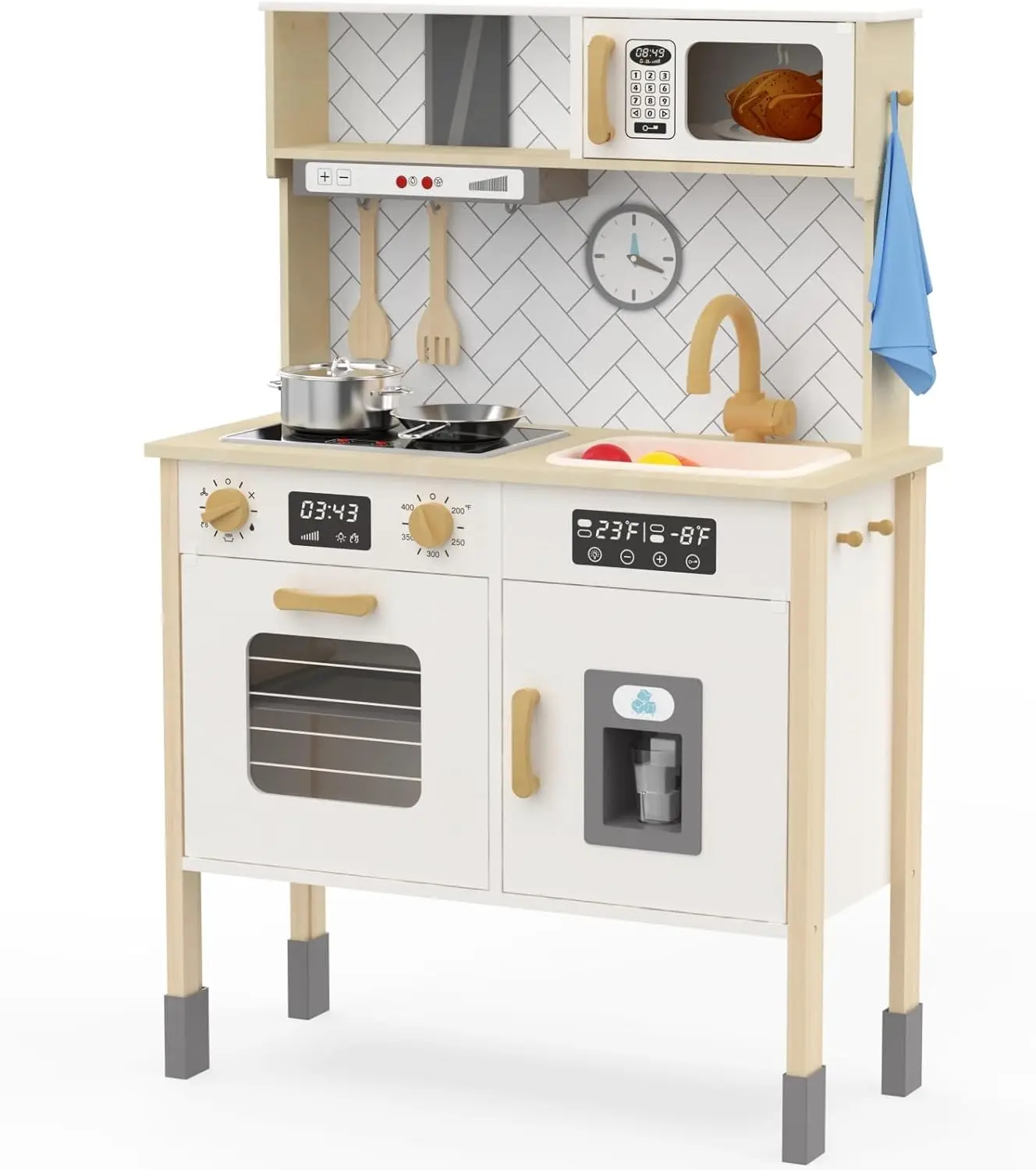 Ensemble de jeu de cuisine en bois pour enfants, cuisinière réaliste, hotte de cuisine, four, machine à glaçons, micro-ondes, évier, lumière & S