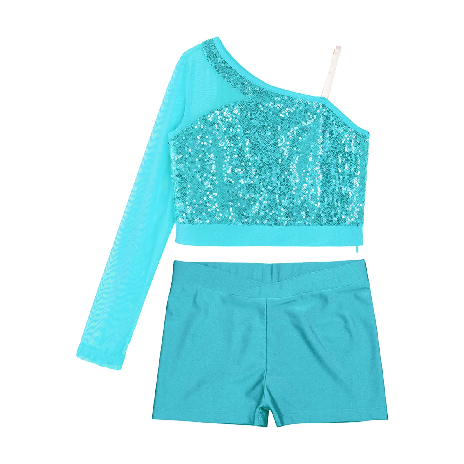 Kids Girls Dance Costume Outfit Sparkly Sequins Dance Top Sheer Mesh One Shoulder Crop Top with V-front Waistband Shorts