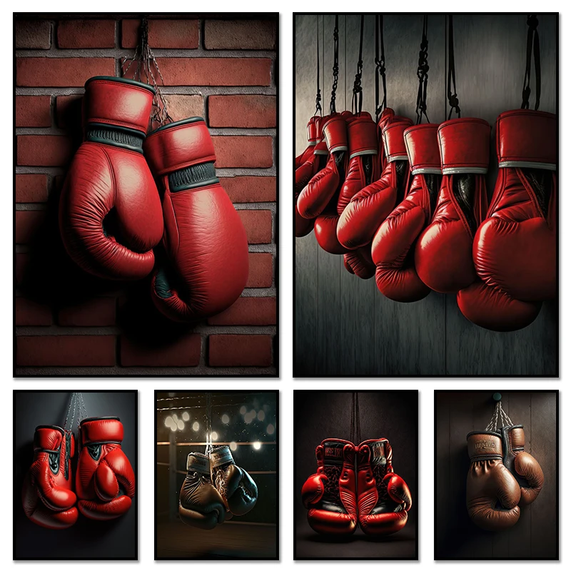 AZNM Vintage Red Boxing Gloves Canvas Wall Art, Cool Sports‑themed Frameless Canvas Print Poster for Gym Bedroom Man Cave Wall D