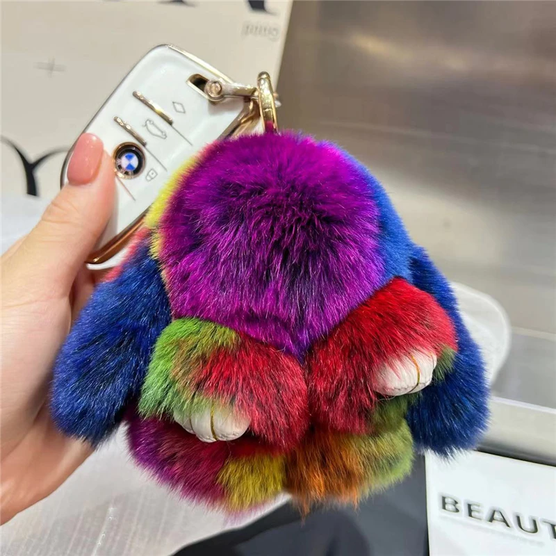 Real Rex Rabbit Fur Keychain Multicolored Plush Bunny Toy Women HandBag Ornaments Car Key Metal Ring Trinkets Girl Birthday Gift