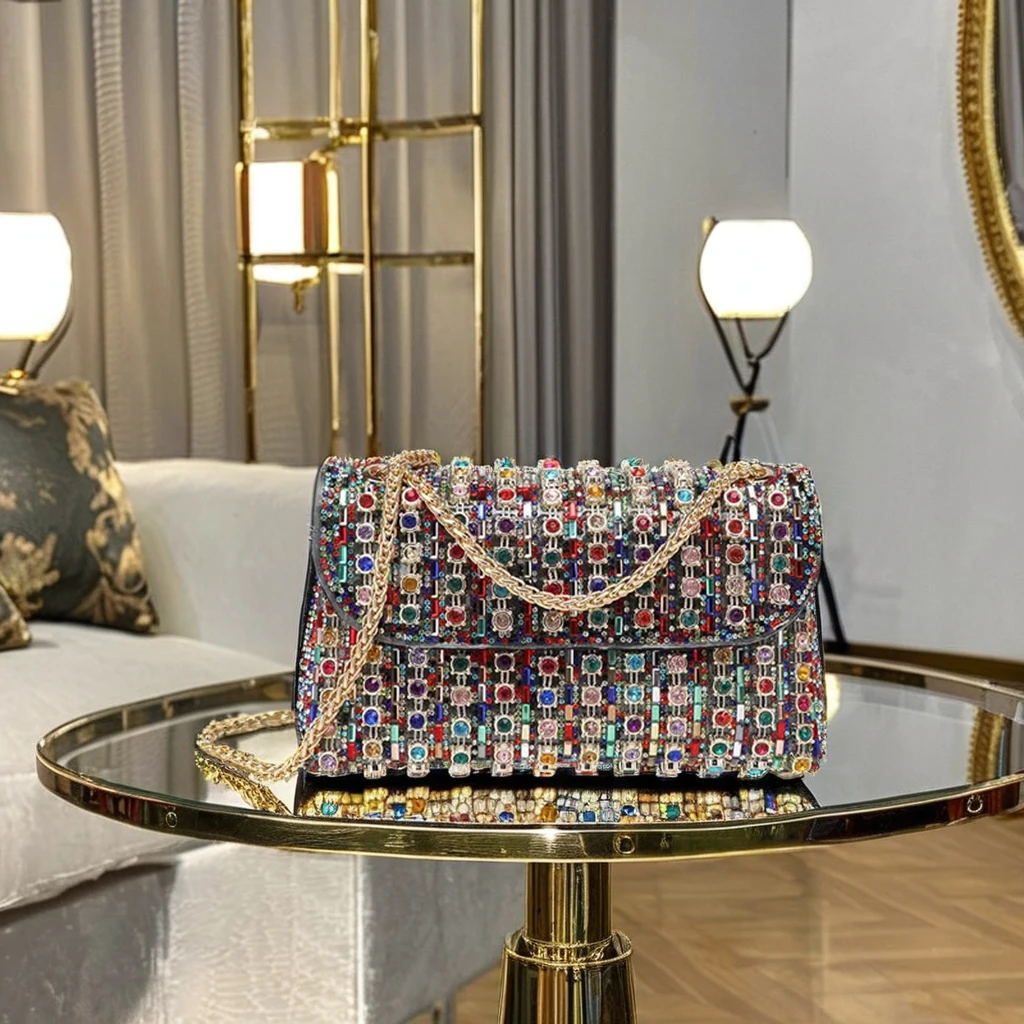 

Women's Luxury Quality Single Chain Crossbody Shoulder Purse with Vintage Rhinestone PU Lining Christmas Promotion Products