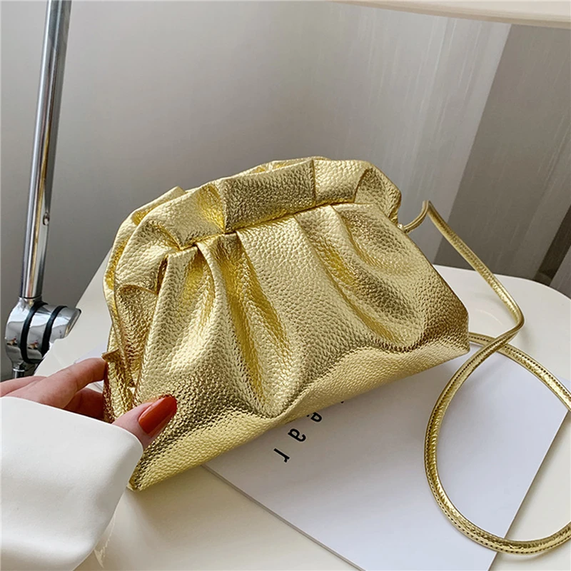 Luxurious Gold Cloud Bag Women Leather Retro Cloud Female Crossbody Bag Small Phone Bag Design Clutch Clip Bag Ladies Handbag