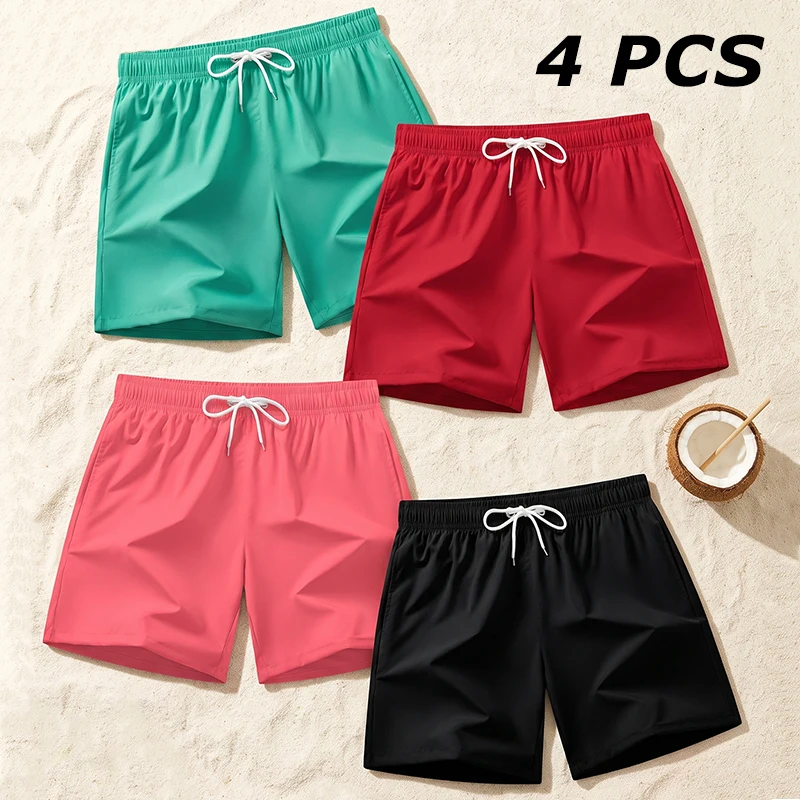 4 Piece Set Men's 5 Inch Board Shorts with Triangular Mesh Lining Summer Beach Shorts Quick Dry Swim Trunks Swimwear Swimsuit