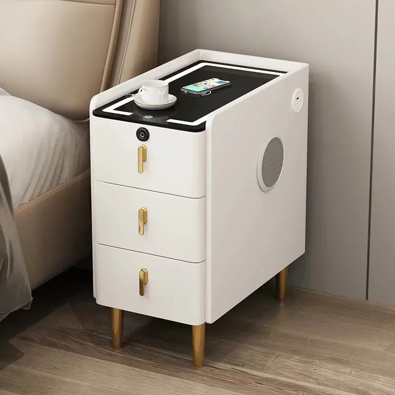 Modern Style Intelligent Wooden Bedside Table with Wireless Charging Faux Leather 3 Drawers 25cm Nightstands Storage Cabinet