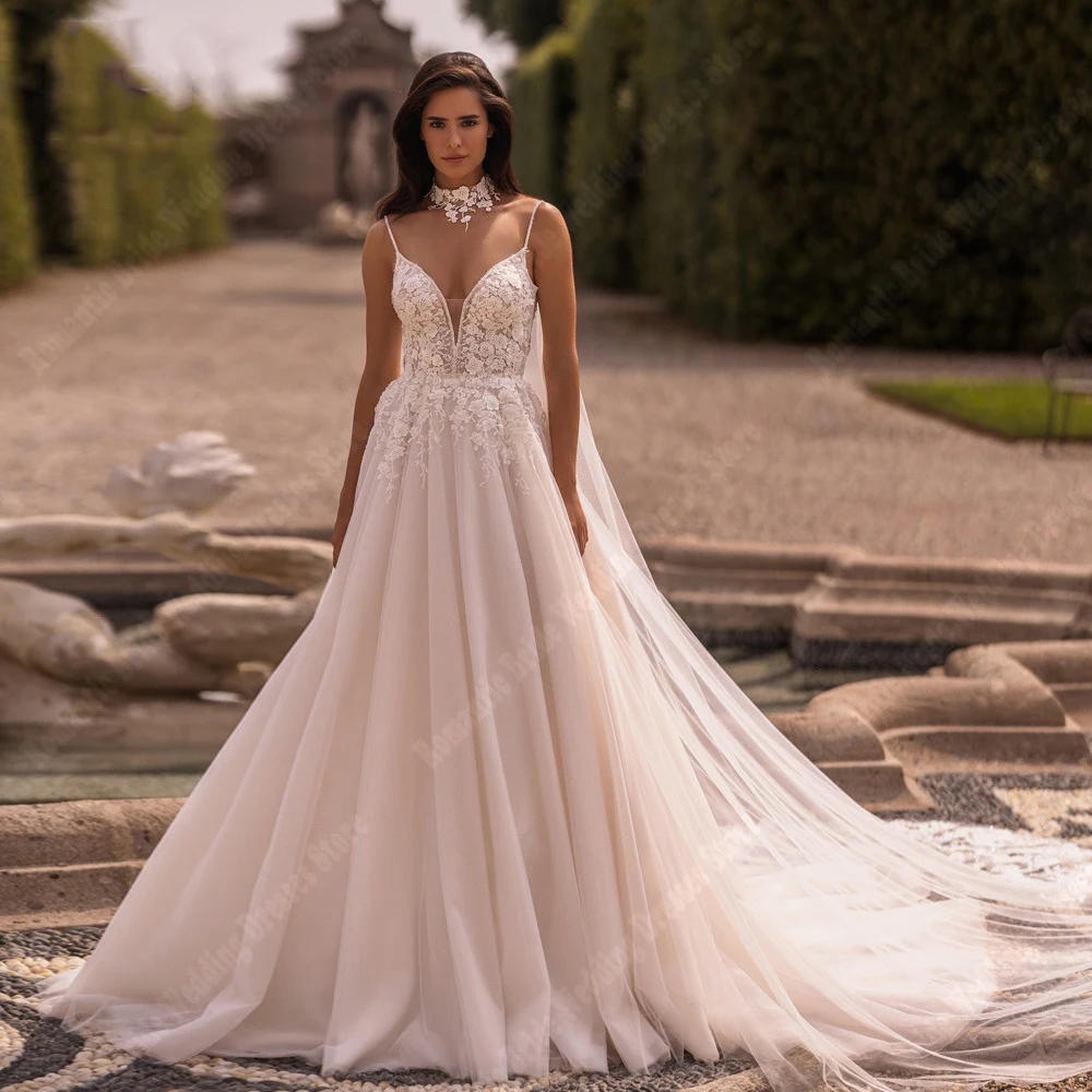 Robe de mariée en fibre à bretelles spaghetti pour femme, longueur de vadrouille, dos nu, princesse, quelle que soit la plage, robe éducative