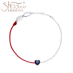 SHADOWHUNTERS 925 Sterling Silver Half Chain Bracelet Red String Dark Blue Crystal Heart For Classic Women Handmade Jewels 0.8mm
