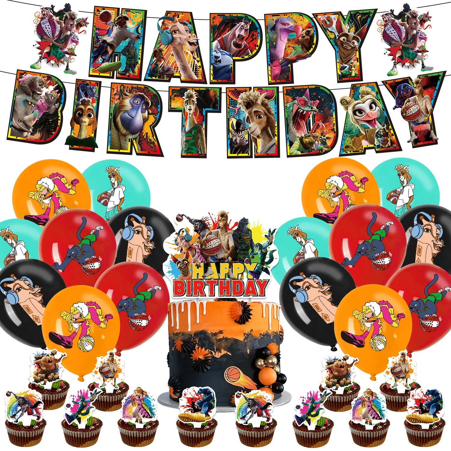 

Набор для украшения дня рождения в стиле мультяшных животных и баскетбольных звезд: топпер для торта, воздушные шары, баннер, принадлежности для вечеринки M-Miracle Dream Team