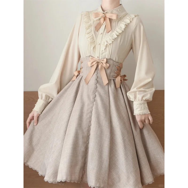 Set van Lolita-blouse en rok voor dames - Zoete vlinderdas Tailleriem Tweedelige outfit Lente Jeugdige mode 2024