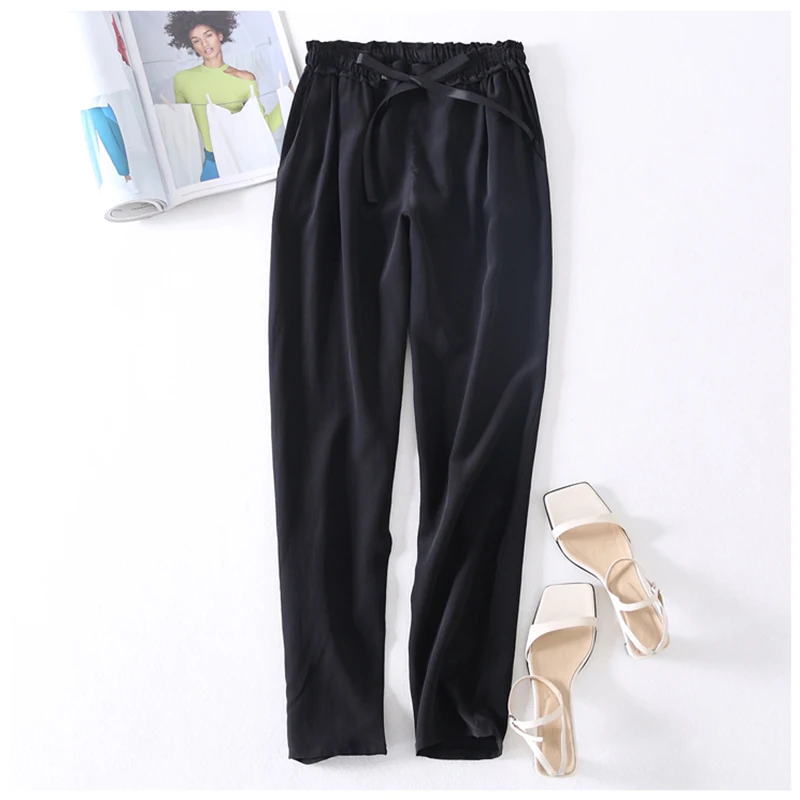 

100% Mulberry Silk Women Long Pants Belted Waist Trousers With Pockets Black Color Office Lady M0609