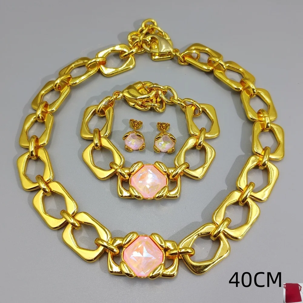 2026 Spain Brilliant High Grade Colored Zircon Gold Silver Chain Jewelry Three Piece Set Banquet Gift