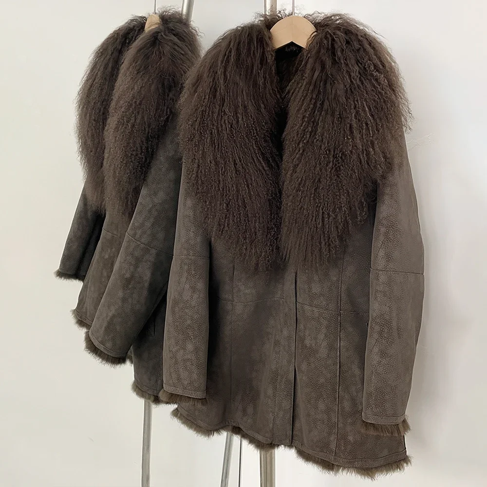 リアルファー ジャケット 女性用 スエード 秋冬 本物のモンゴル羊毛襟 ファーコート レディース ラビットファー裏地 長袖 ファートリム