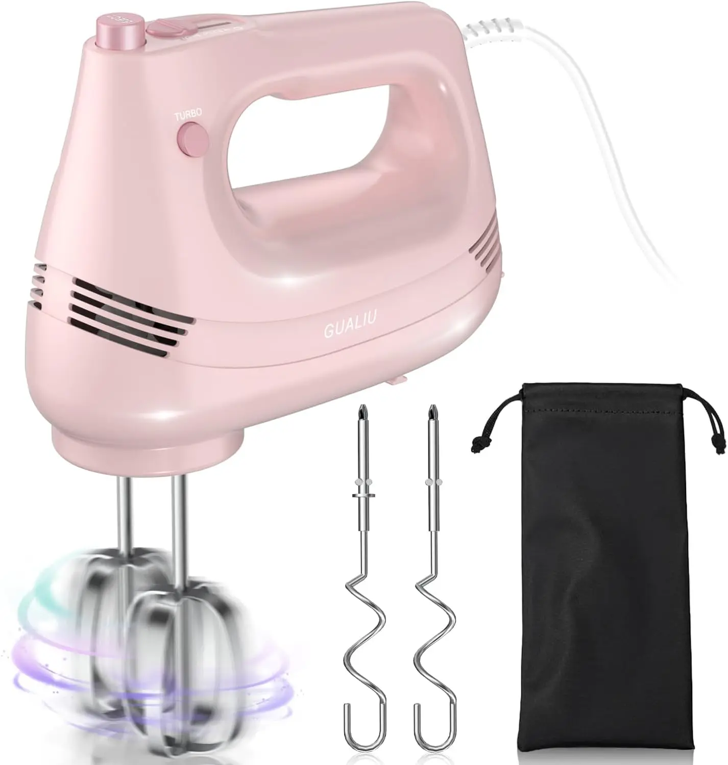 Electric Hand Mixer with Stainless Steel Whisk, Dough Hook, Storage Bag, Turbo Boost 5 Speed, Pink