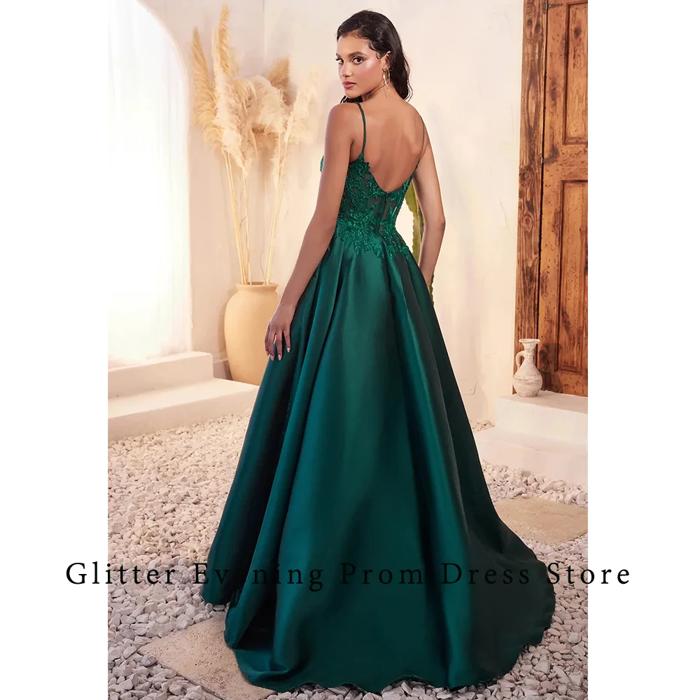 Green Fashion Sexy Prom Dresses For Women A-Line Square Collar Appliques Backless Satin Custom Made Birthday Evening Party Grows