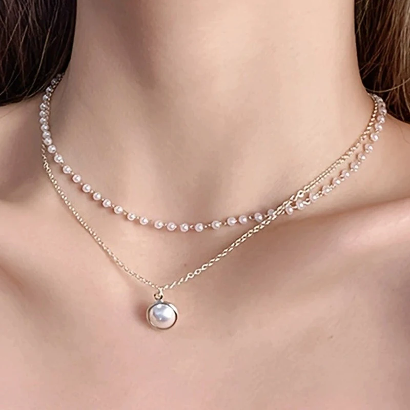 New Fashion Imitation Pearl Choker Necklace Cute Double Layer Chain Round Pendant Necklaces For Women Jewelry Girl Gift