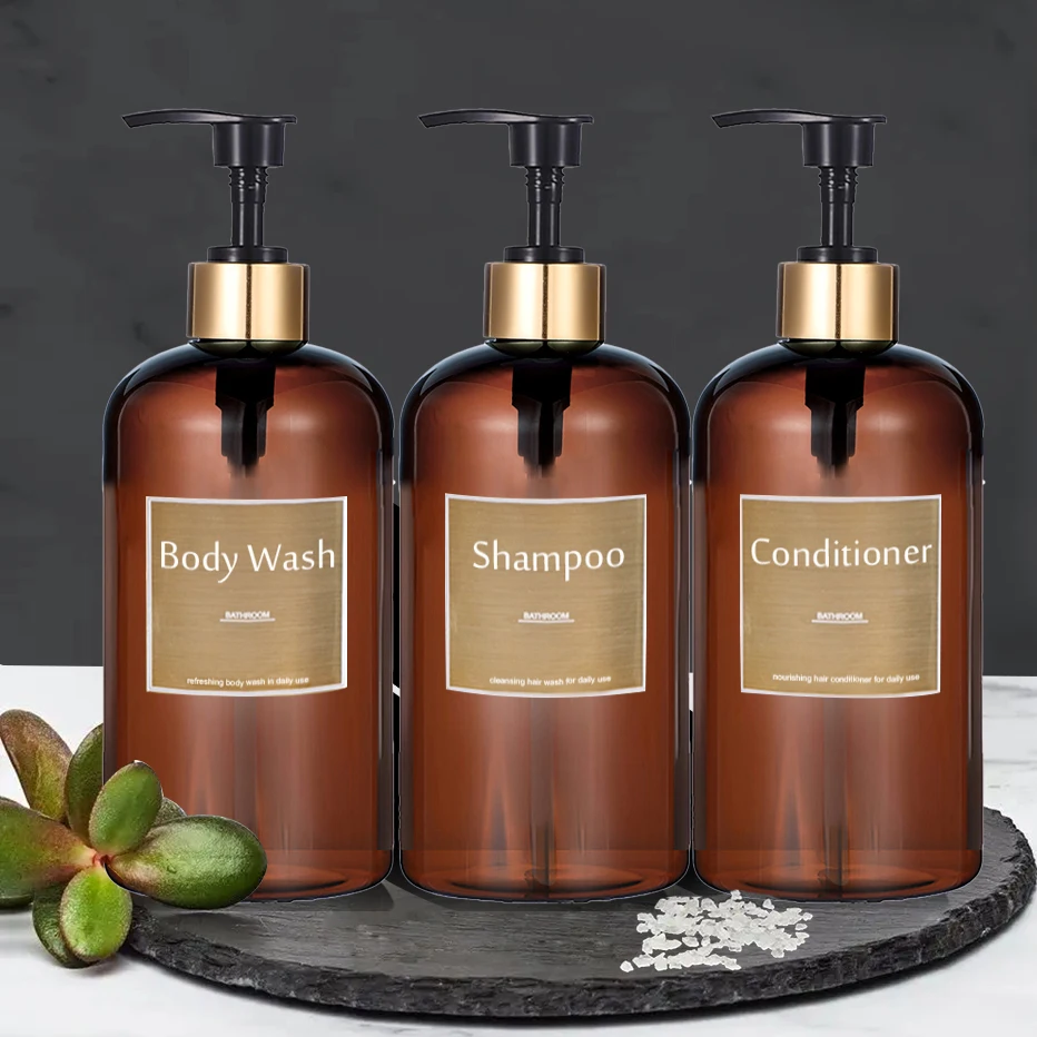 Modern Minimalist Soap Dispenser Refillable Shampoo Pump Bottles with Labels, Luxury Hotel Style Shower Organizer for Body Wash