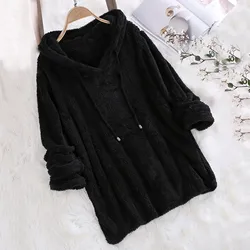 2024 Warm Solid Fluffy Flannel Pullover Pajama Loose Hooded Sweatshirts Top Korean New Women Long Sleeve Plush Hoodies Lady