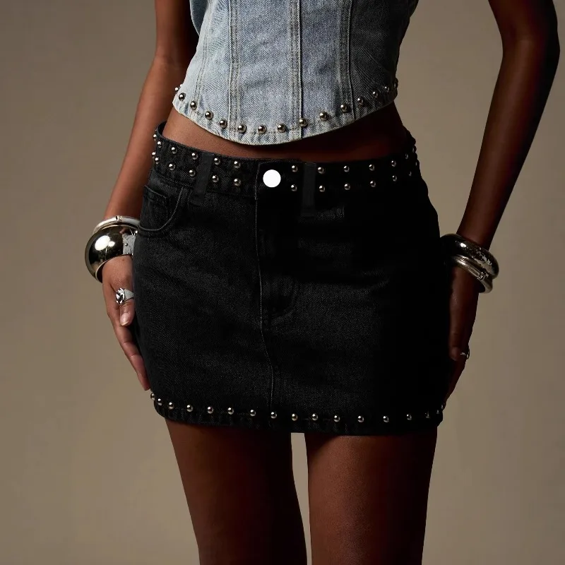 2026 Denim Skirt Y2K Rivet Metal Spice Girl Mini Skirt Hip High Waist Black Punk 2026 Grunge Spring New Summer Skirt Jean