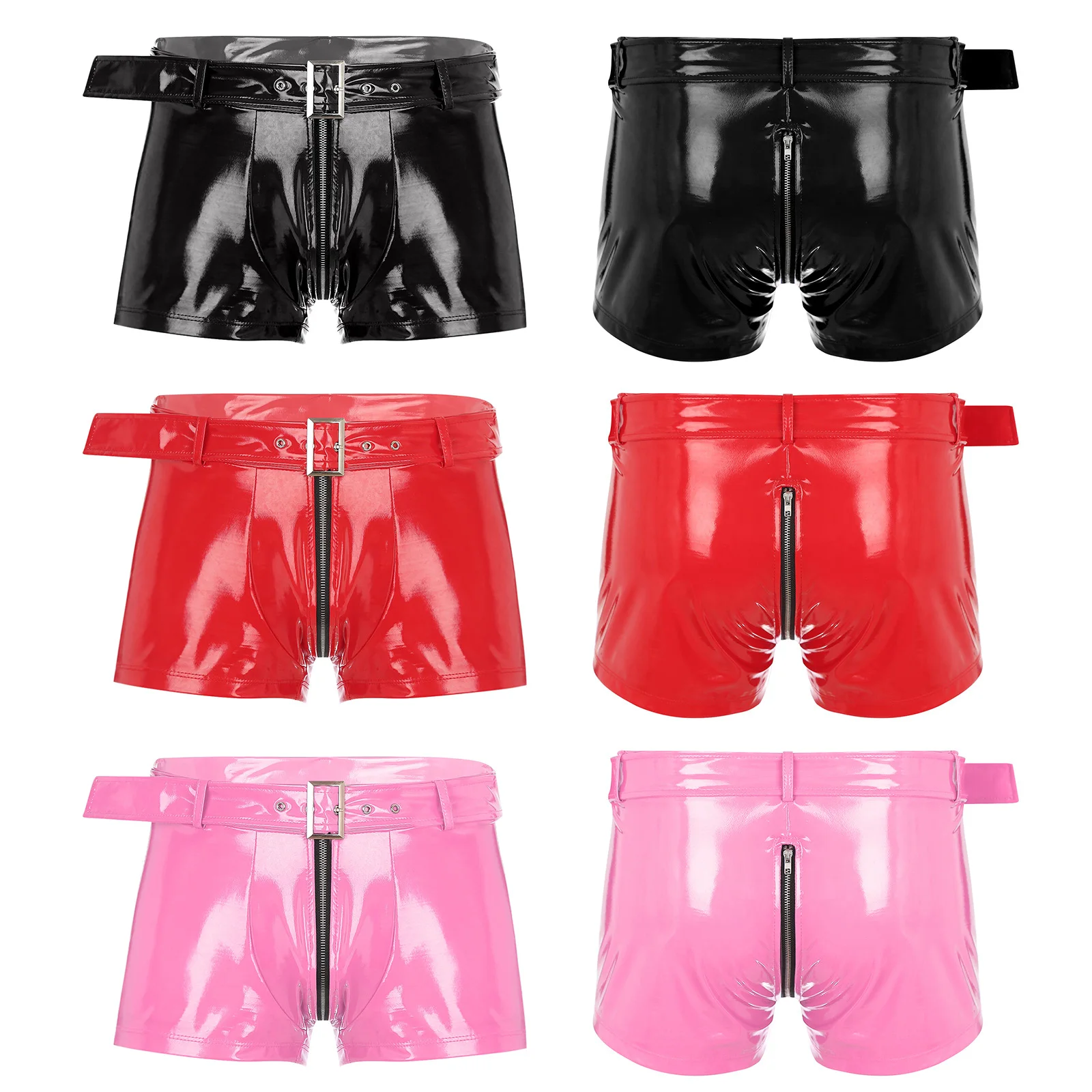 Men\'s Boxer Shorts Wet Look Latex PVC Leather Zipper Shorts Bottoms Bulge Pouch Boxer Brief Clubwear Party Hot Pants Nightwear