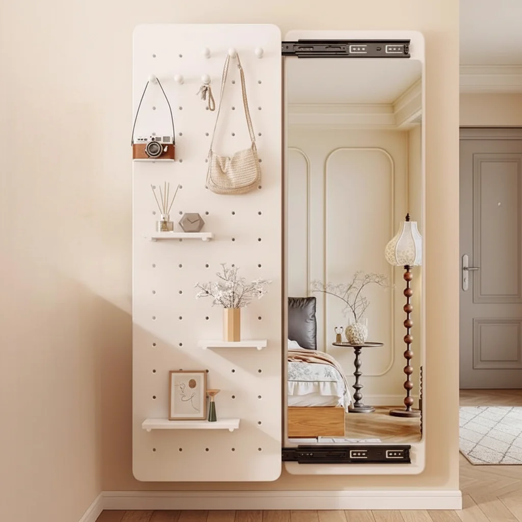 Space Saving Sliding Closet Mirror Full Length Wooden Cabinet Wall Mounted Entrance Mirror Art Decor Panels For Home