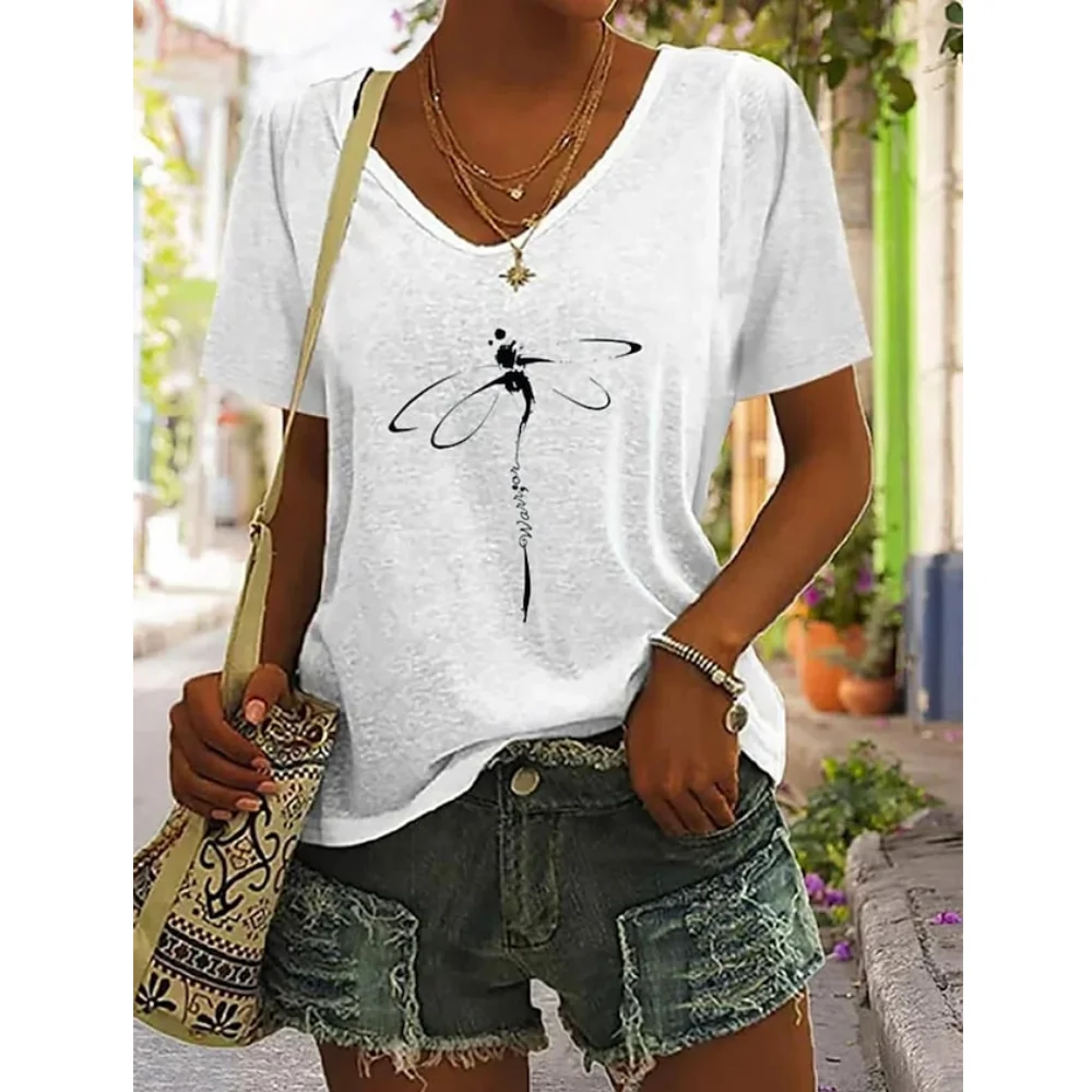 Women\'s T-Shirt Summer Dragonfly Print Tops Tees Casual Daily V Neck Blouse Women Oversized Pullovers Girls Minimalist Clothing