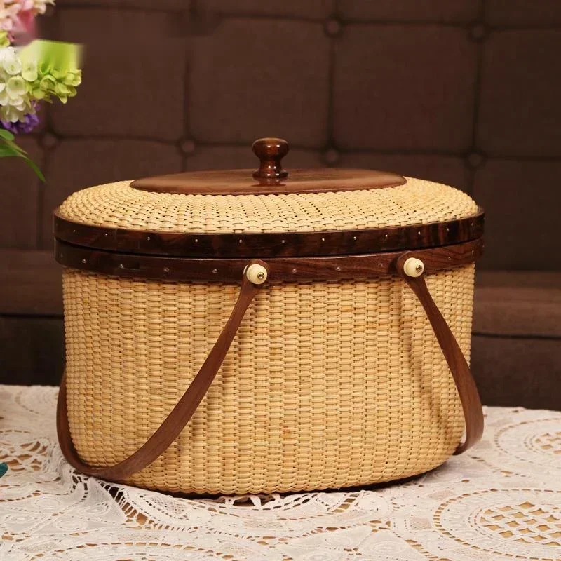 Natural Rattan Storage Box Double Open Lid Shopping Basket Multifunctional Vegetable Container Outdoor Convenience Picnic Basket