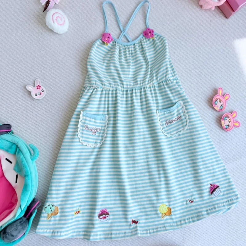 Cute Cotton Embroidered Dress Women's Sweet Suspender Striped Dress Vestidos De Mujer Backless Cartoon Striped Summer Dresses