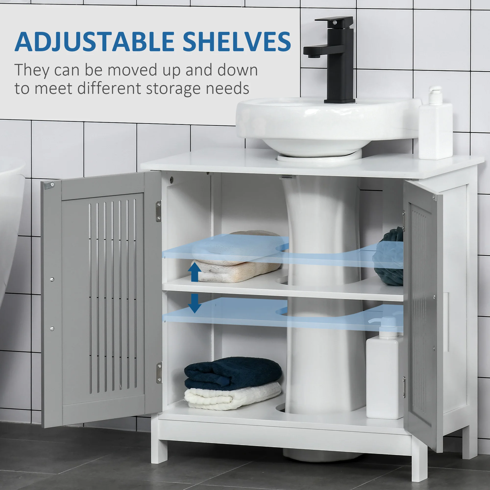 kleankin Bathroom Pedestal Under Sink Cabinet with Storage Shelf, 2 Doors, Grey