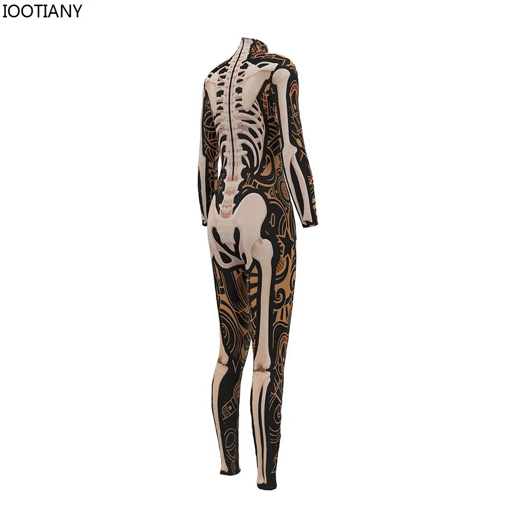 IOOTIANY Halloween Party Cosplay Costumes Women Skeleton Bones Print Catsuits Adult Fashion Gothic Bodysuits One-piece Clothing