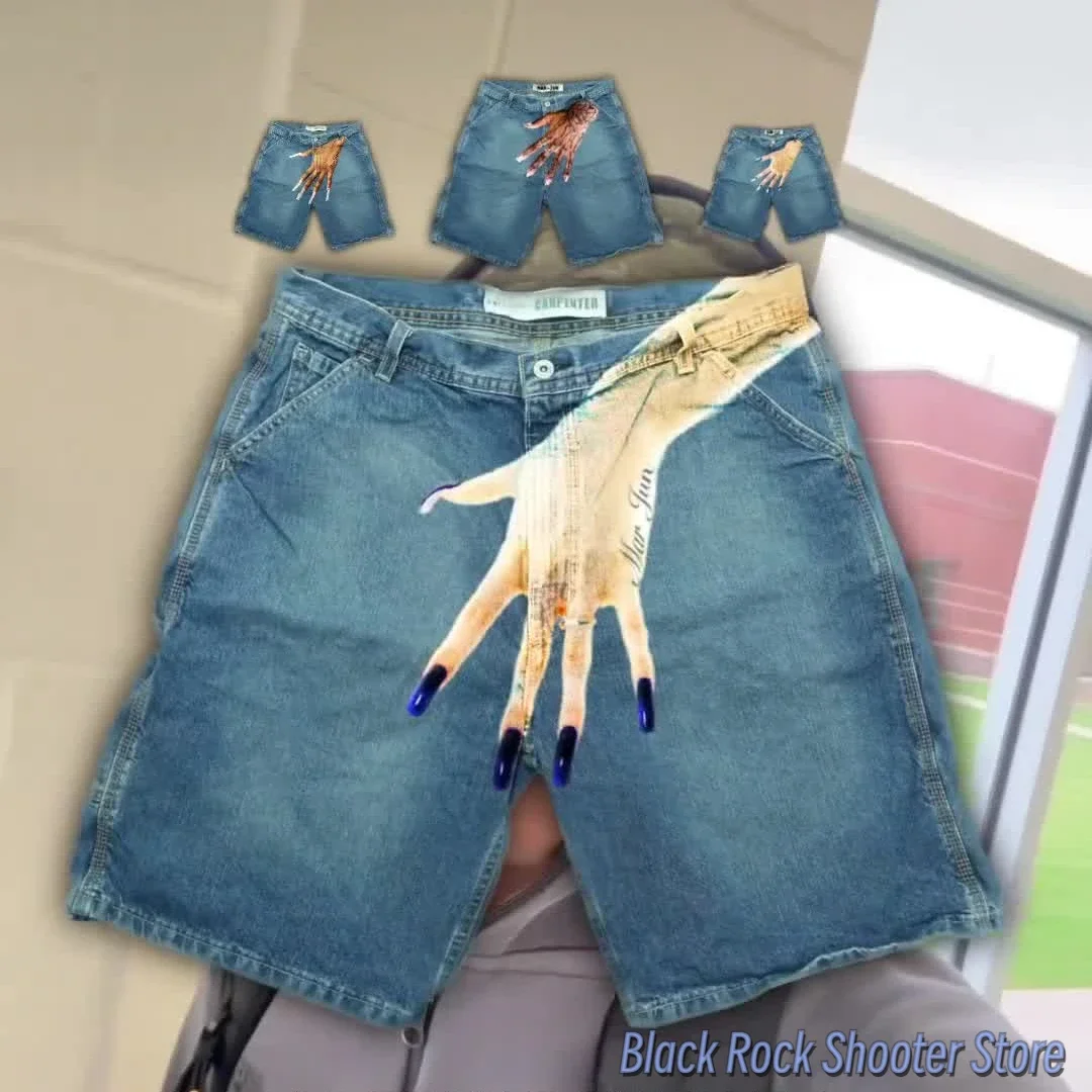 Harajuku Hiphop Blue Baggy Handprint Shorts Vrouwen 2024 Nieuwe Streetwear Y 2K Jeans Gothic Joggingbroek Denim Shorts Dameskleding