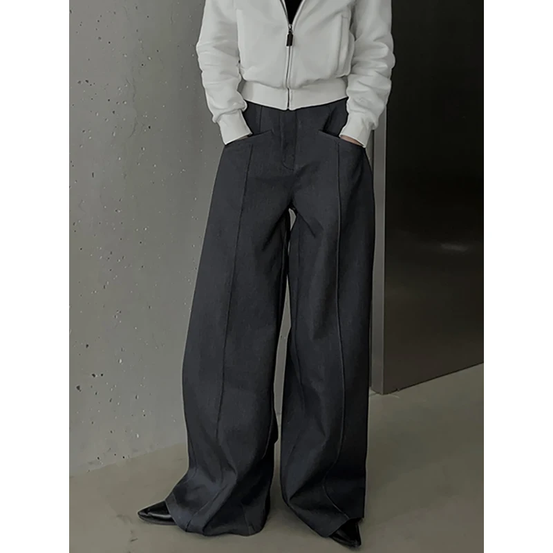 

PBAP Cleanfit Women Draped Straight Suit Trousers Solid Stitch Pockets Pintuck High Rise Wide Leg Pants Work Casual OL Clothes