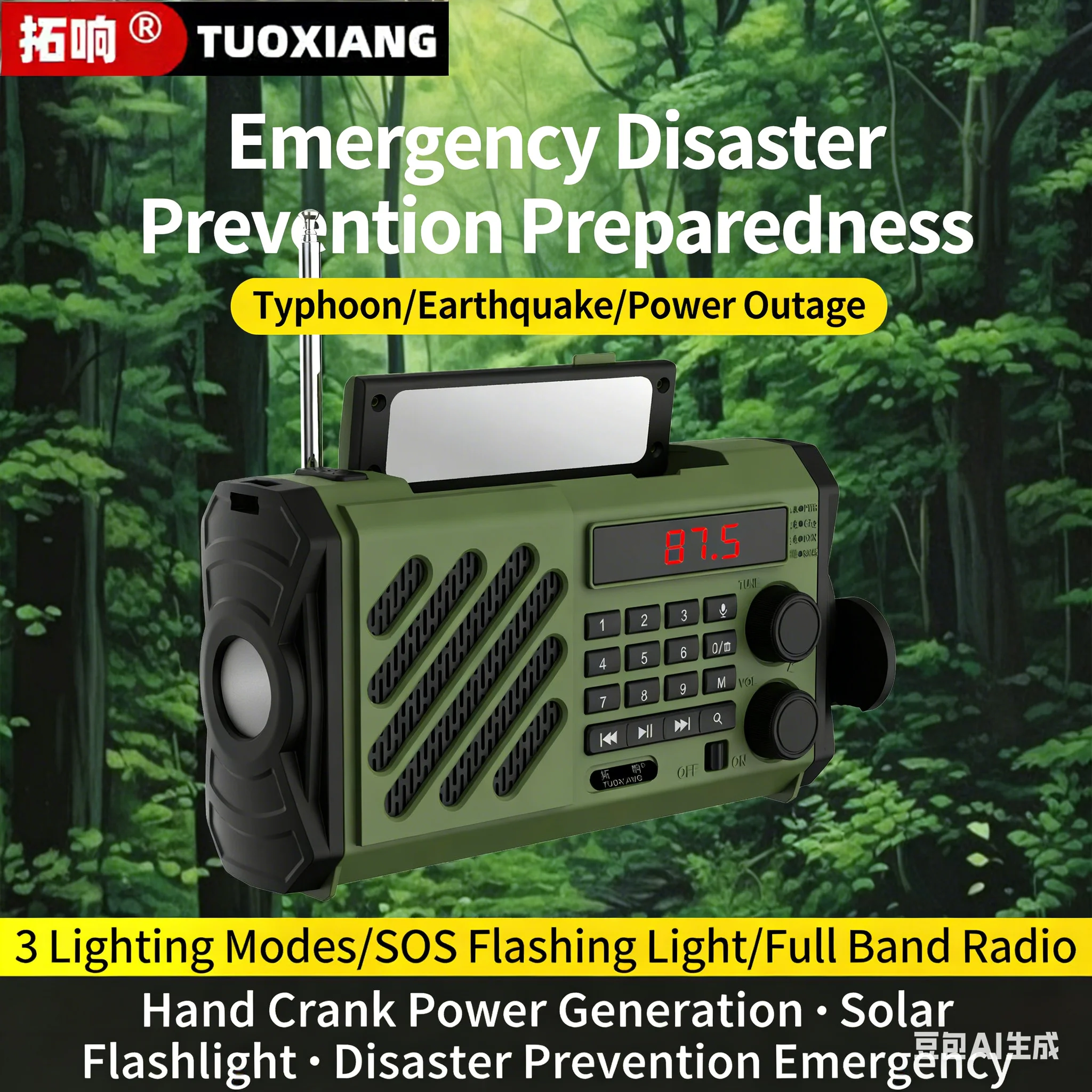 

T-6669 Многофункциональное аварийное радио Bluetooth, солнечная рукоятка с питанием от рукоятки, полнодиапазонное радио + светодиодный фонарик + SOS-сигнализация + внешний аккумулятор емкостью 1800 мАч