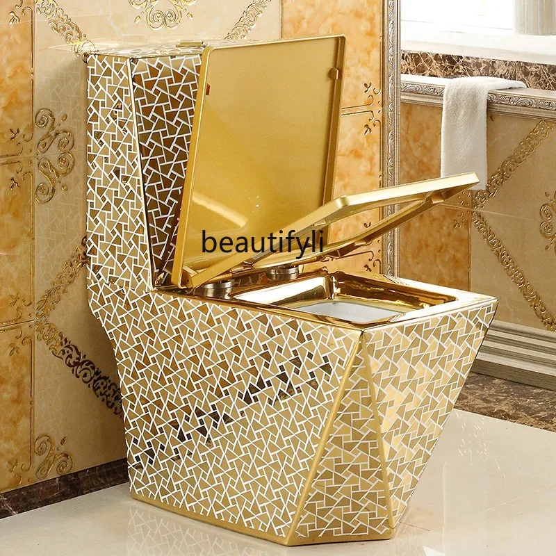 

B73 Household flush gold toilet siphon water-saving European style, ceramic square diamond toilet