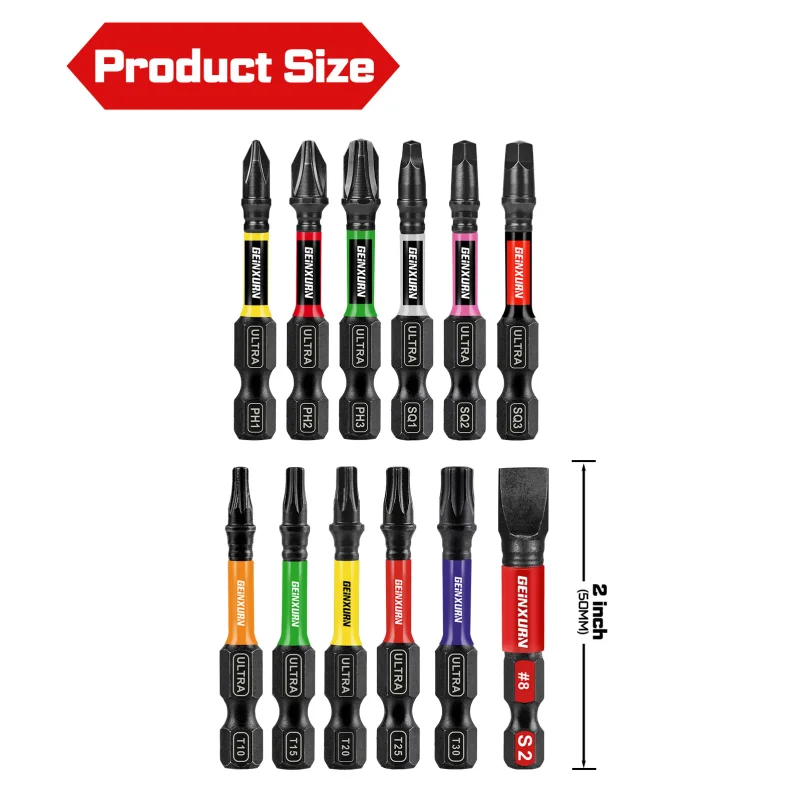 13PCS Impact Phillipes/Square/Slotted Screwdriver Bits Set, 2'' Magnetic S2 Steel Bits Set with Color Coded Base