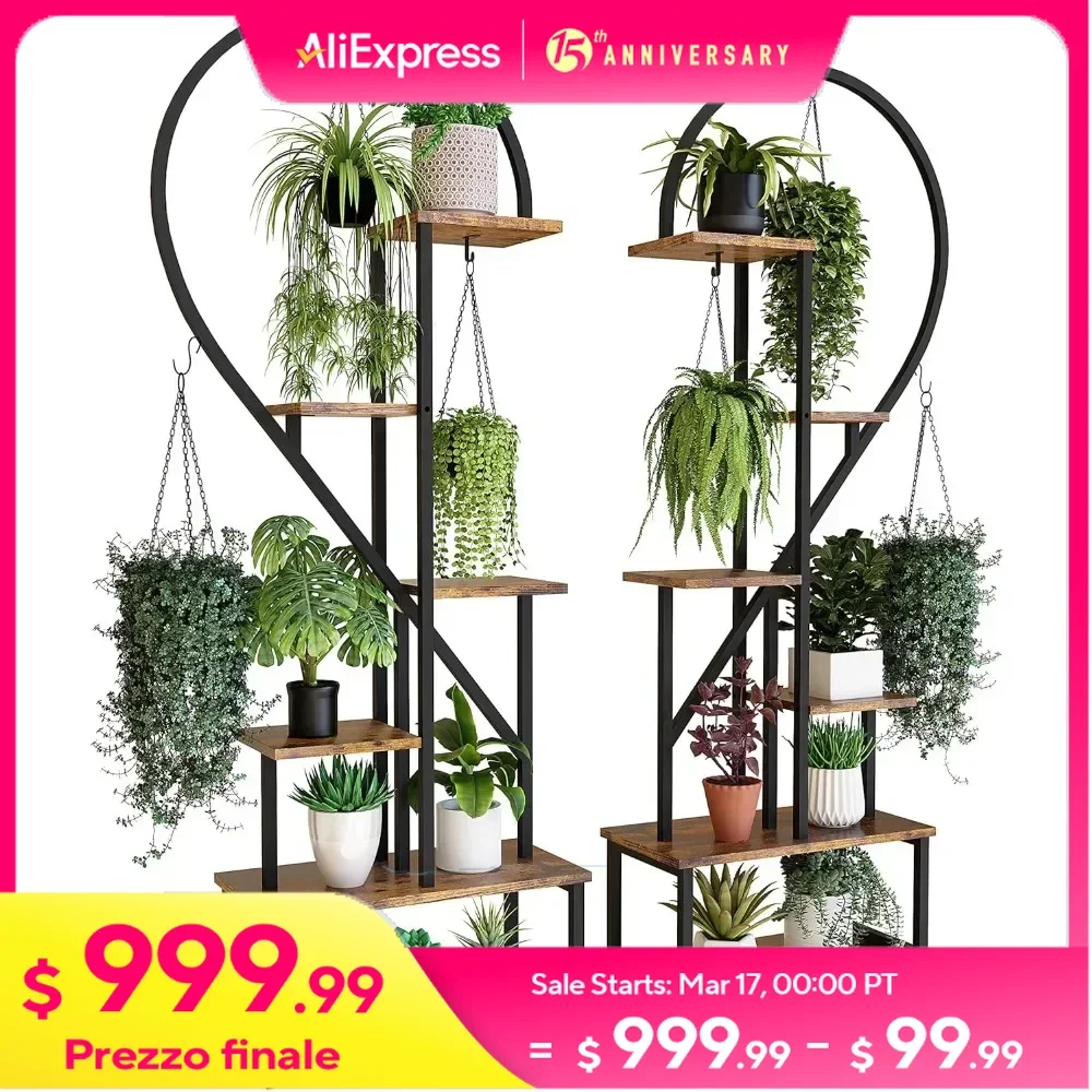 2 Pack 6 Tier Metal Plant Stand, for Home Patio Lawn Garden, Creative Half Heart Shape Ladder Plant Stand