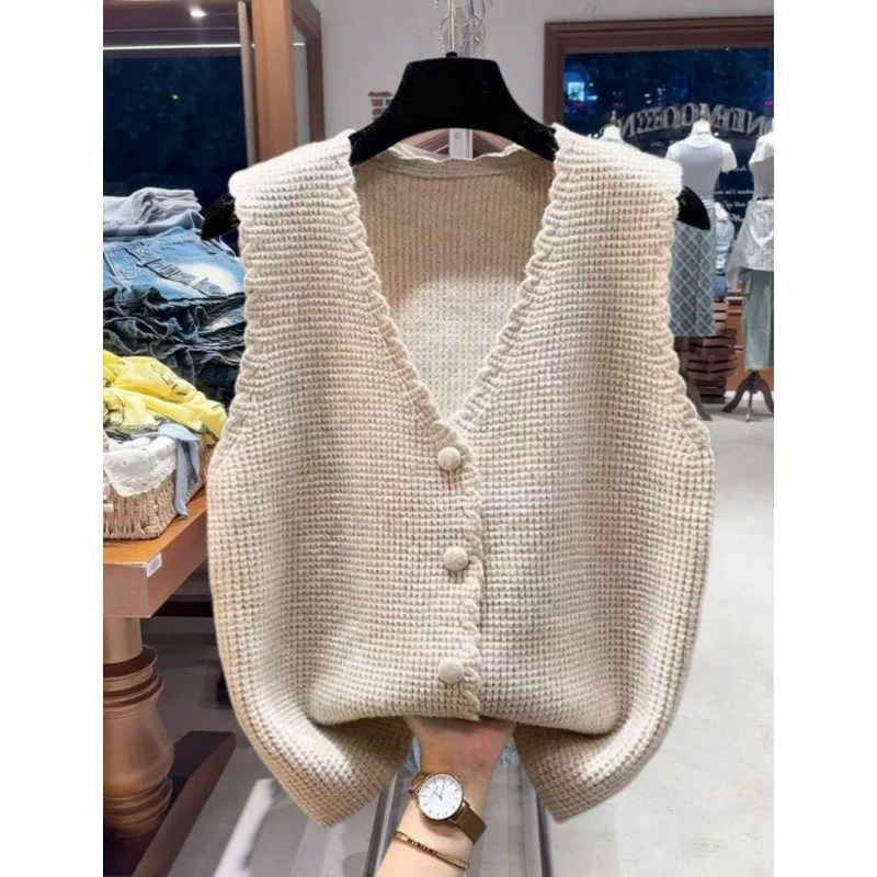 V-Neck Knitted Vest Outerwear Sleeveless Autumn Fashion Commute Style Casual Wear Single Button Closure Chinese Origin
