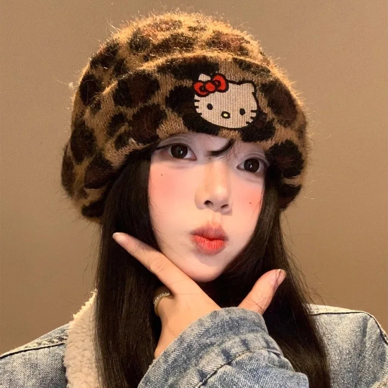 

Hello Kitty Anime Kawaii Sanrio Warm Print Knitted Cap Autumn Winter Cute Cartoon Fashion Soft Warm Hat Gifts for Girls