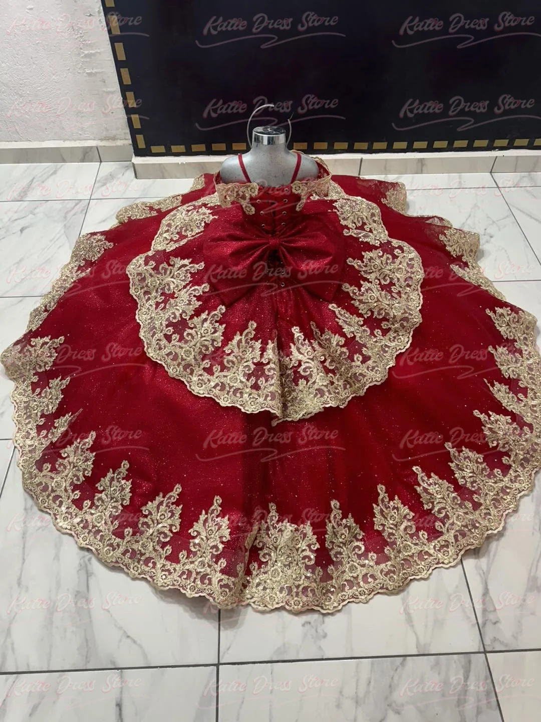 Red Flower Girl Dress For Wedding Applique Puffy Tulle With Bow Kids Birthday Party First Communion Ball Gowns Customized
