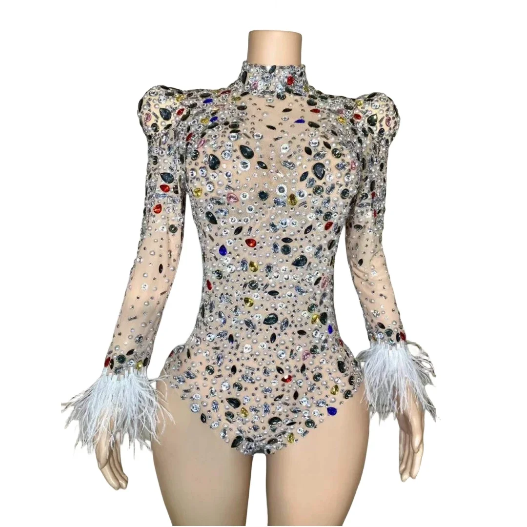 

Rhinestone Nightclub Queen Bodysuit Women Sparkly Singer Dancer Body Suits Crystals Feather Stage Wear Drag Queen Outfit