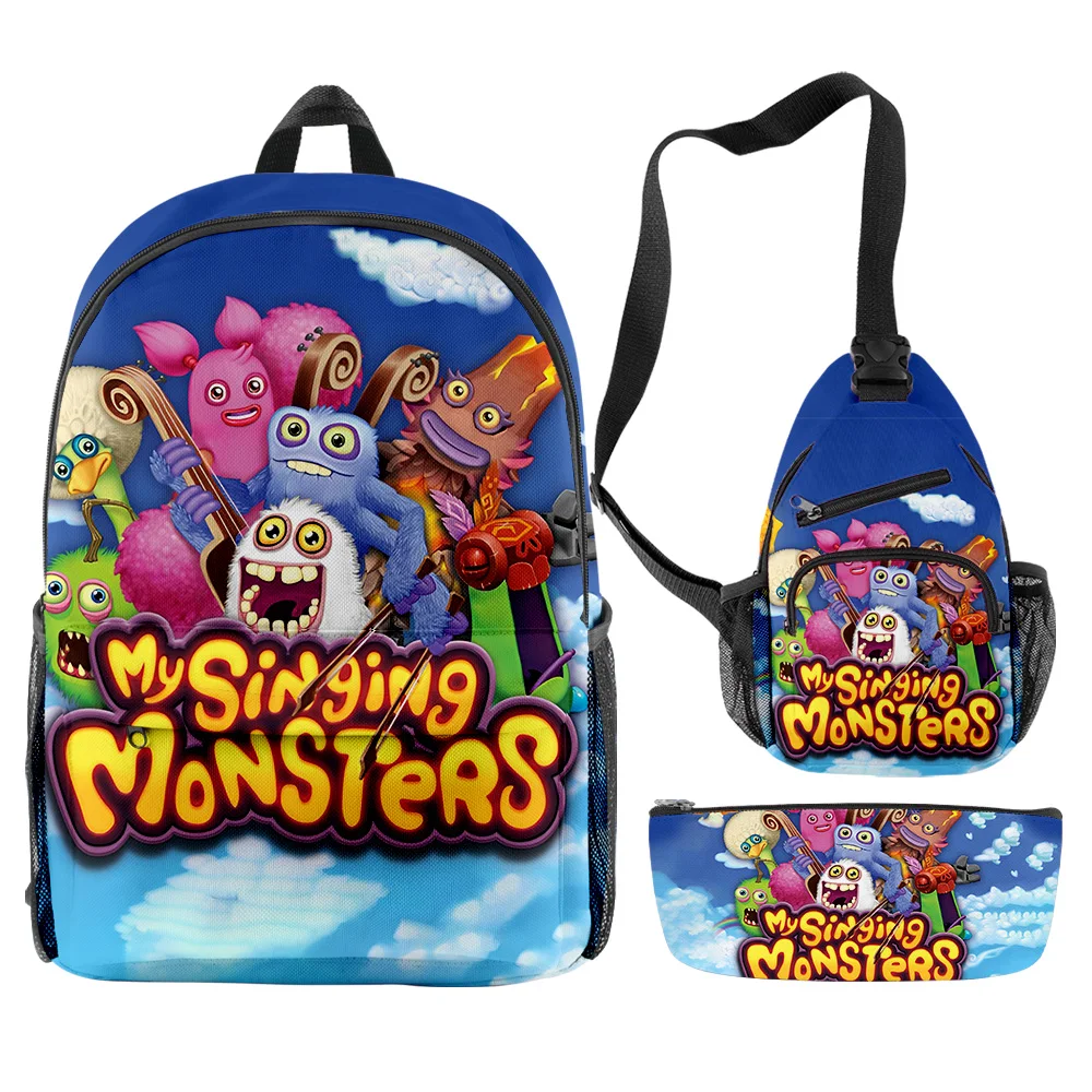 Hip Hop Popular Funny my singing monsters 3D Print 3pcs/Set pupil School Bags Travel Laptop Backpack Chest Bag Pencil Case