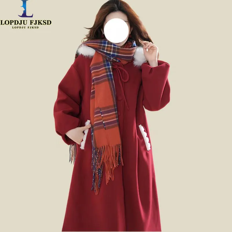 

Christmas Woollen Coat for Women,Hooded Red Jacket,Single Breasted,Elegant Female Clothes, High Quality, Autumn Winter