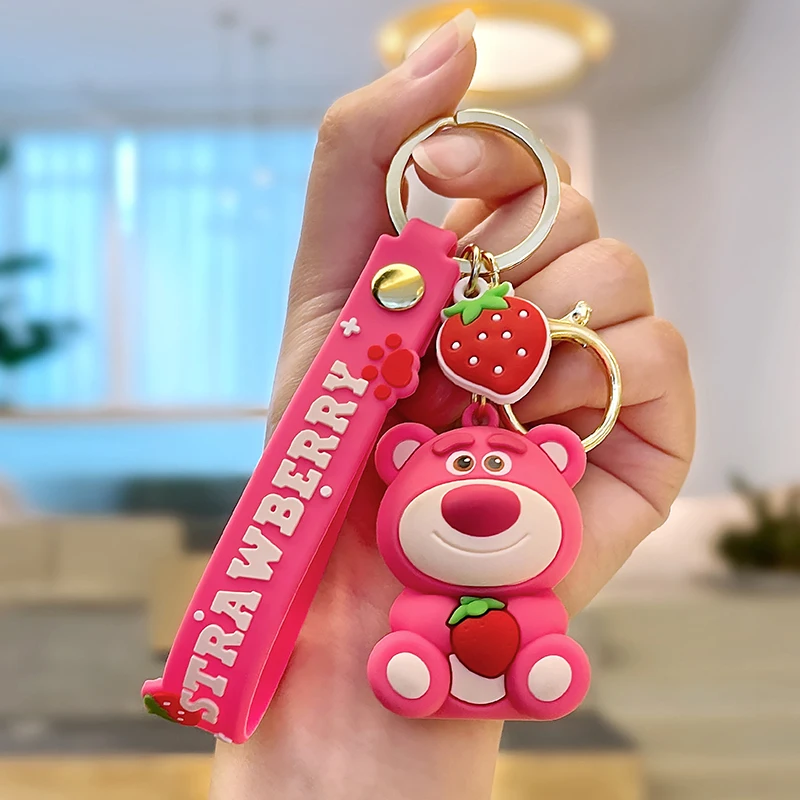 1Pc Anime Toy Story Strawberry Bear Lotso Keychain Figure Cosplay Bag Pendant Keyring Collectible Model Jewelry