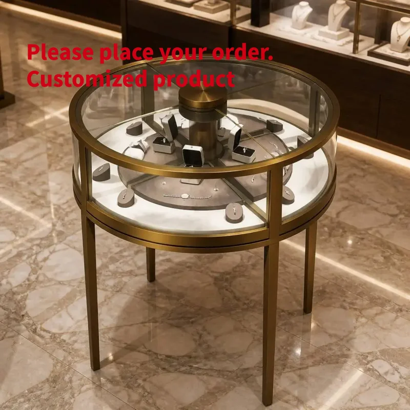 custom.Luxury Gold Metal Round Jewellery Display Cabinet High-end Store Rotatable Display Stand Rings Earrings