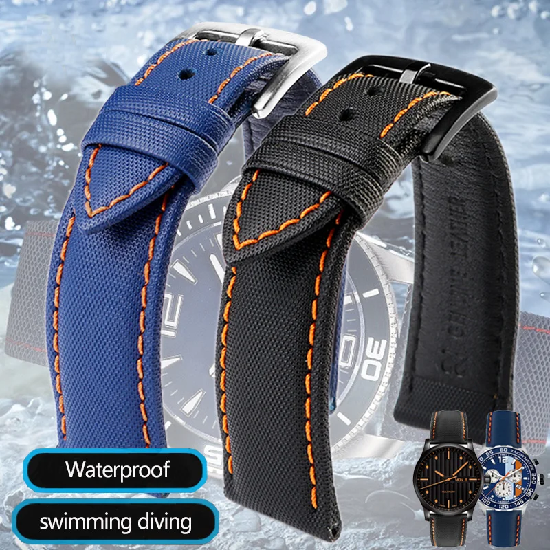 20 22 24mm Fiber Nylon Leather Watchband For TAG Heuer F1 Racing Car Diving Strap Rossini 519955 Mido Canvas Watch Band Bracelet