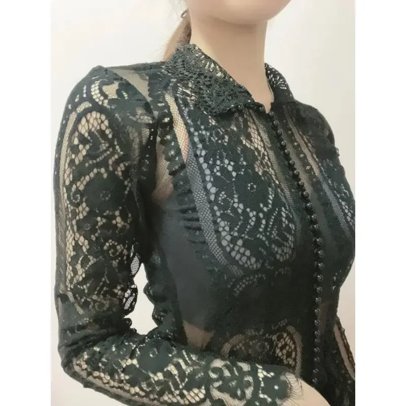Sexy top for women 2024 new spring slimming lace pearl thin cardigan high neck base shirt  chemise femme  blusa victoriana