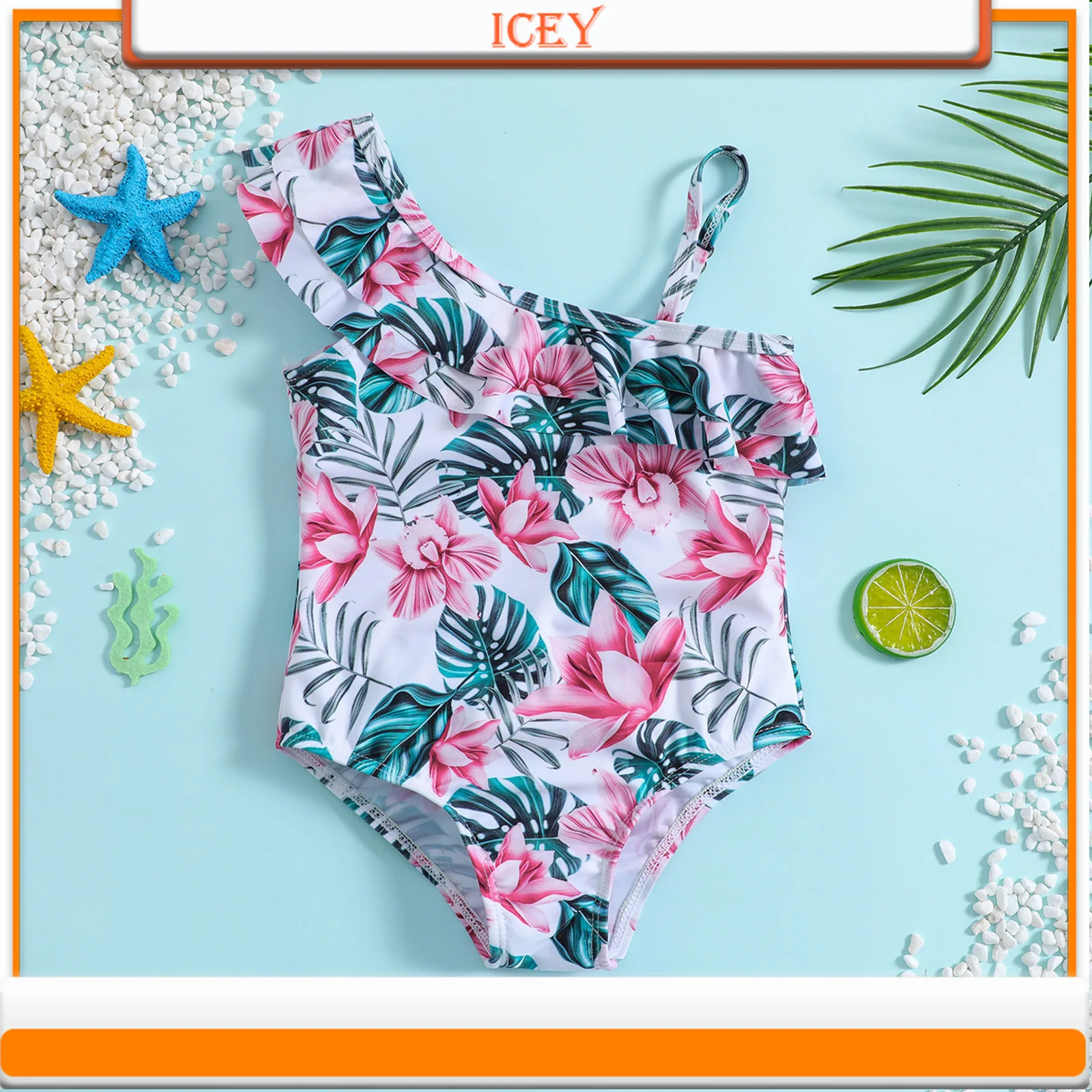 

Girls Floral One-piece Swimsuit One Shoulder Suspenders Kids Swimsuit Hot Spring Cute Print Bikini