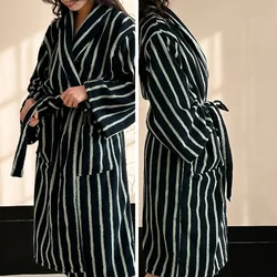 Cotton Couple Striped Bathrobe Autumn Winter Retro Simple Long Robe Sleepwear with Pocket Loose Nightwear Home Dress Loungewear