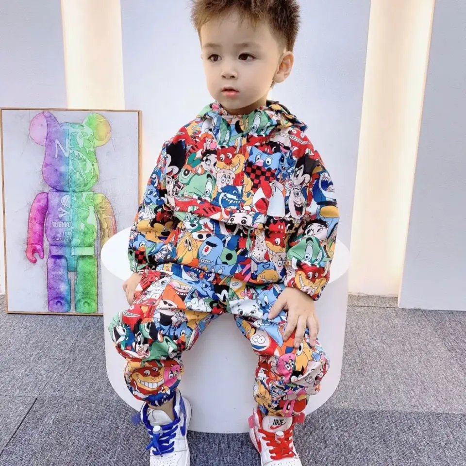 Spring Autumn Woman 2 Piece Sets Fashion Cartoon Toddler Boys Clothes Hooded Coat and Pant Set