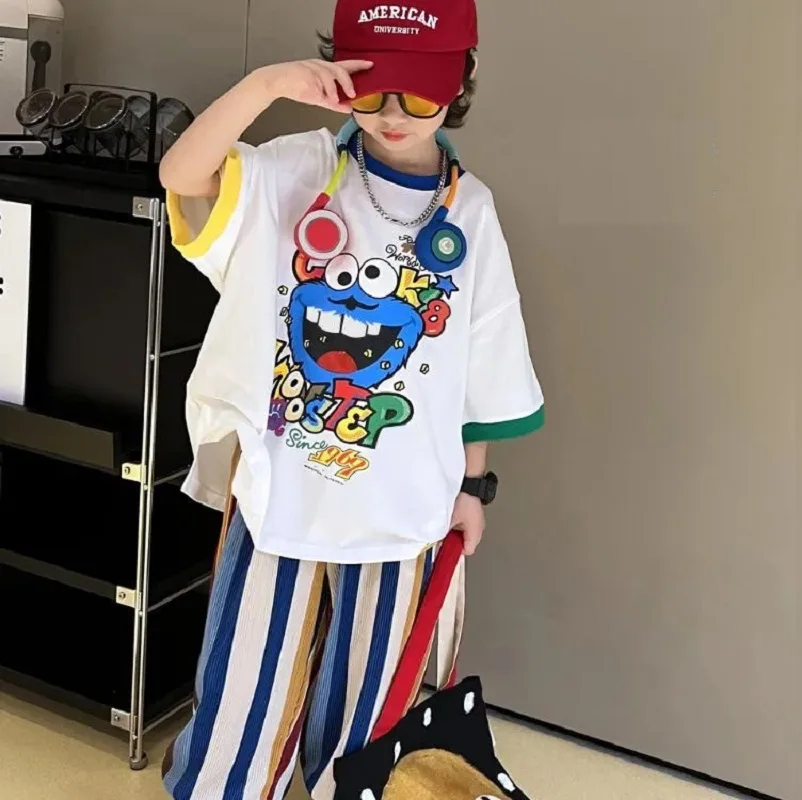 Summer Boys Cotton Contrast Cartoon T-Shirt Tops+Loose Colored Stripes Pant Set School Kids Tracksuit Child 2PCS Outfit